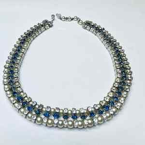 Vintage CINER Choker Faux Pearl Blue Clear Rhinestone Necklace Silver Tone